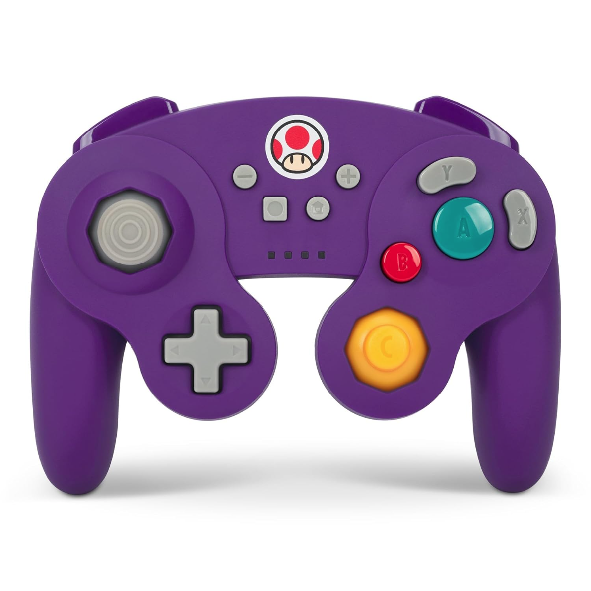 A purple GameCube-style wireless controller with a Toad icon, featuring analog sticks, A/B/X/Y buttons, a D-pad, and a C-stick.