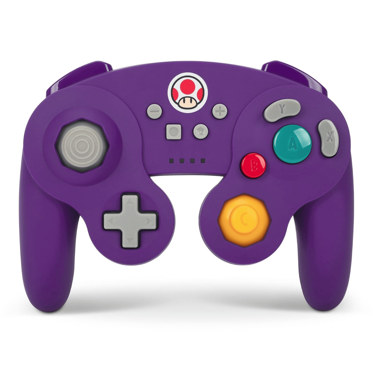 A purple GameCube-style wireless controller with a Toad icon, featuring analog sticks, A/B/X/Y buttons, a D-pad, and a C-stick.