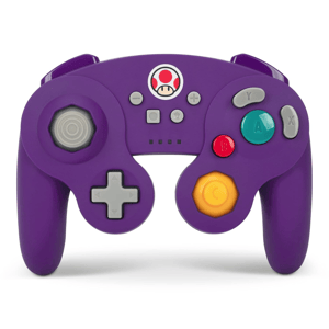 A purple GameCube-style wireless controller with a Toad icon, featuring analog sticks, A/B/X/Y buttons, a D-pad, and a C-stick.