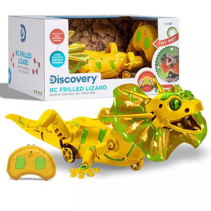 Discovery Kids RC Frilled Lizard is a remote-controlled toy featuring a vibrant yellow and green design with frills. It offers interactive play with lights and sounds, and comes with a simple two-button controller. Suitable for ages 6 and up.