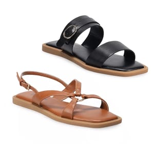 Two pairs of women's sandals, one in black with a buckle and another in brown with an ankle strap.