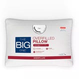 The Big One Overfilled Pillow, firm support, measures 20\“ x 28\“, suitable for side and back sleepers, with a white and red design.