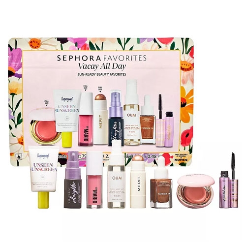 Sephora Summer Favorites Set includes Supergoop Unseen Sunscreen, ILIA Lip Oil, OUAI Leave-In Conditioner, and MERIT Beauty products like Minimalist Stick and Flush Balm, alongside a mini mascara and setting spray. Perfect for sun-ready beauty essentials.