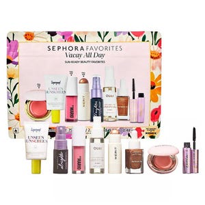 Sephora Summer Favorites Set includes Supergoop Unseen Sunscreen, ILIA Lip Oil, OUAI Leave-In Conditioner, and MERIT Beauty products like Minimalist Stick and Flush Balm, alongside a mini mascara and setting spray. Perfect for sun-ready beauty essentials.