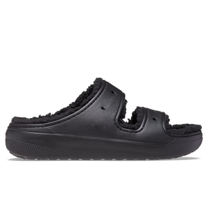 Black slip-on sandals with two straps, featuring a fluffy shearling-like lining for added comfort and warmth.