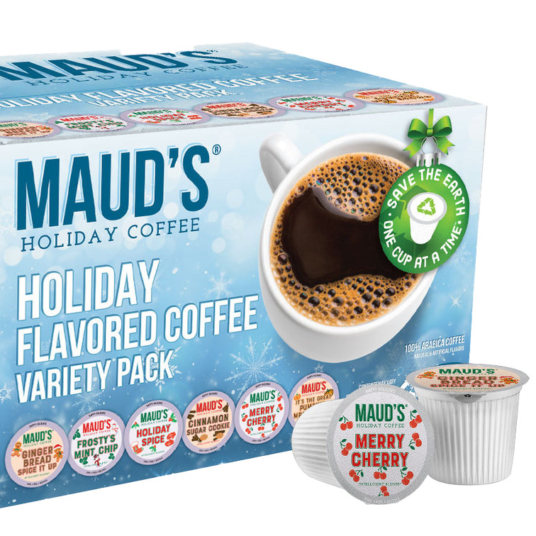 Maud's Holiday Coffee Variety Pack includes several holiday-themed flavors such as Gingerbread Spice, Frosty's Mint Chip, and Cinnamon Sugar Cookie. The packaging highlights their eco-friendly approach with \“Save The Earth\“ messaging.