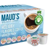 Maud's Holiday Coffee Variety Pack includes several holiday-themed flavors such as Gingerbread Spice, Frosty's Mint Chip, and Cinnamon Sugar Cookie. The packaging highlights their eco-friendly approach with \“Save The Earth\“ messaging.