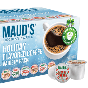 Maud's Holiday Coffee Variety Pack includes several holiday-themed flavors such as Gingerbread Spice, Frosty's Mint Chip, and Cinnamon Sugar Cookie. The packaging highlights their eco-friendly approach with \“Save The Earth\“ messaging.