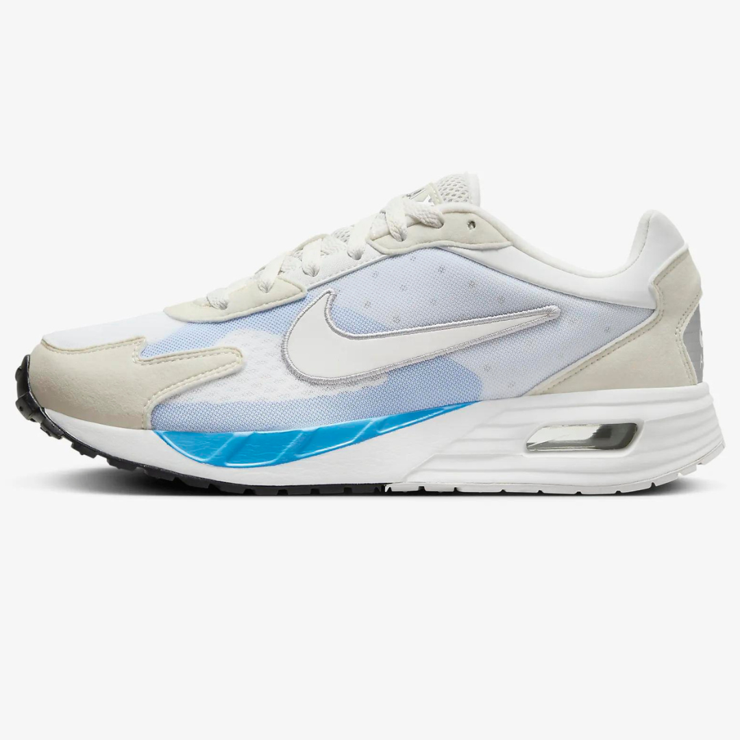 White and blue Nike Air Max sneaker with a mesh upper and leather overlays.