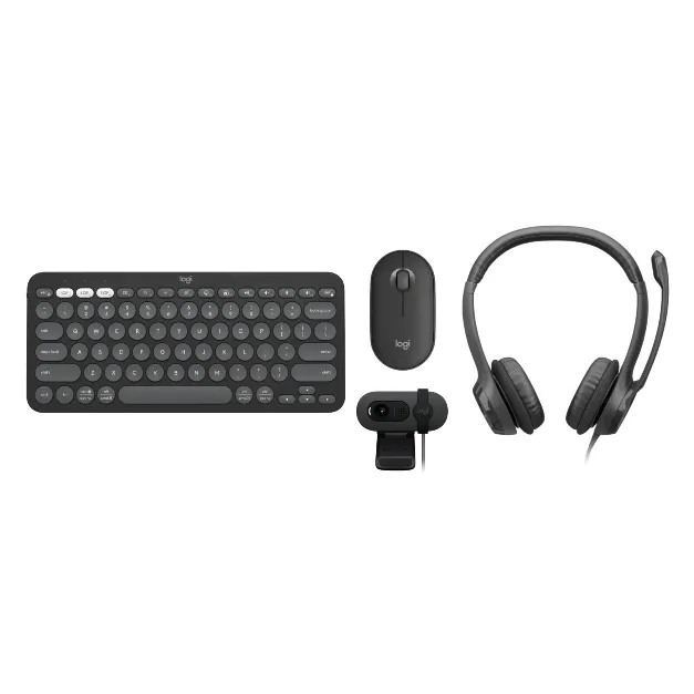 A wireless keyboard, mouse, headset, and webcam.