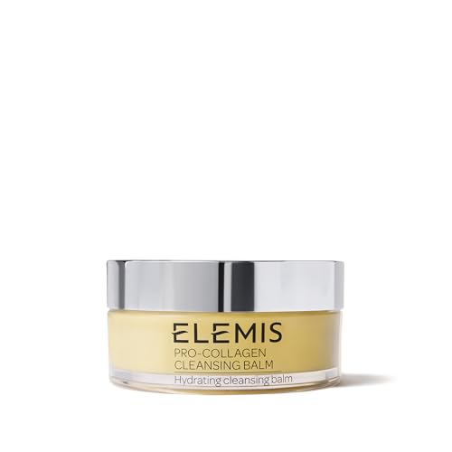 ELEMIS Pro-Collagen Cleansing Balm is a hydrating cleansing balm displayed in a clear jar with a silver lid.