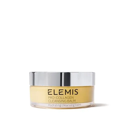 ELEMIS Pro-Collagen Cleansing Balm is a hydrating cleansing balm displayed in a clear jar with a silver lid.