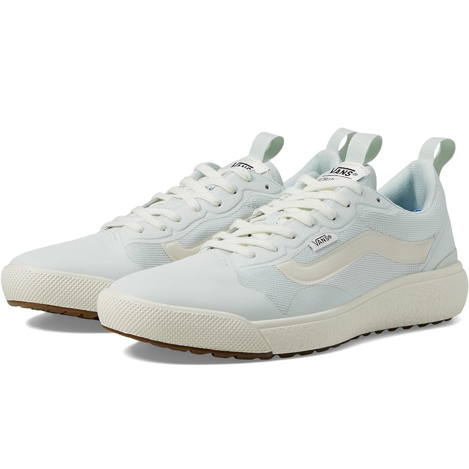 A pair of light blue and white sneakers.