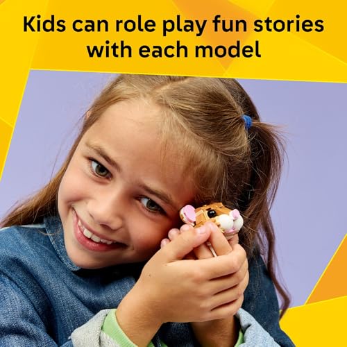 A child holds a small toy animal against their cheek, with text stating that kids can engage in storytelling through role play with each model.