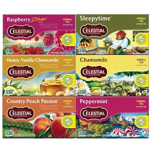 Celestial Herbal Tea 6-pack includes Raspberry Zinger, Sleepytime, Honey Vanilla Chamomile, Chamomile, Country Peach Passion, and Peppermint. All are herbal, caffeine-free, and feature vibrant packaging with fruit and nature imagery.