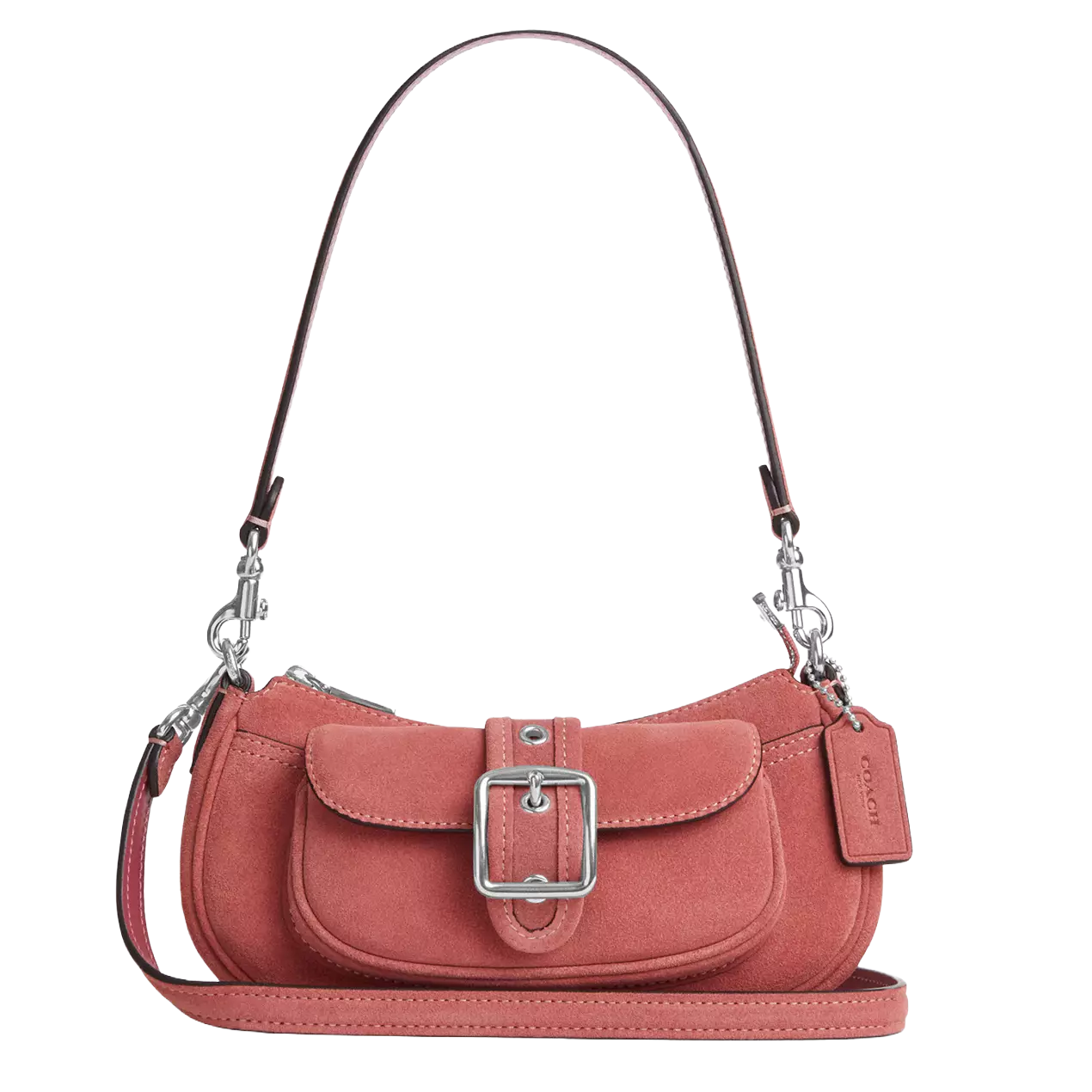 A pink suede shoulder bag with a detachable strap, buckle front pocket, and silver hardware, featuring a small tag.