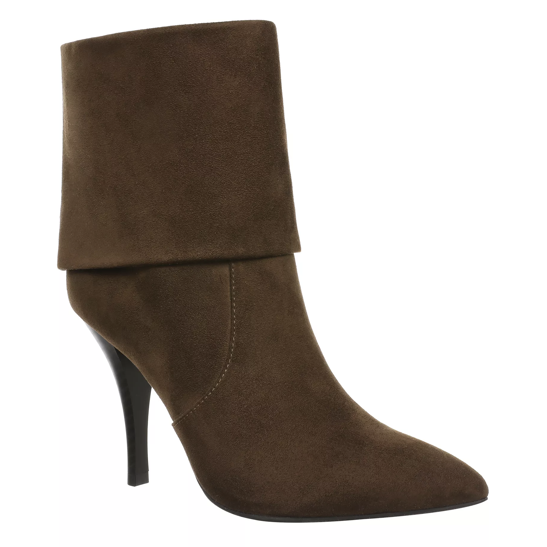 Brown suede high-heeled ankle boot with a folded cuff design and pointed toe.