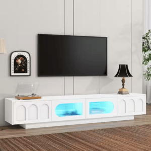 The Harper & Bright 87\“ Media Stand is a modern white TV stand featuring a sleek design with built-in LED lights, glass panel doors, and decorative arch accents, offering both style and functionality for living room entertainment setups.