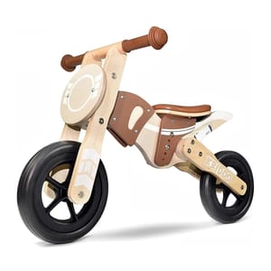 A wooden balance bike with rubber grips, black wheels, and brown seat accents. Ideal for young children learning balance and coordination.