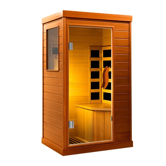 A compact 1-person indoor infrared sauna with a wooden exterior, glass door, and window. It features interior LED lighting and heating panels, designed for relaxation.