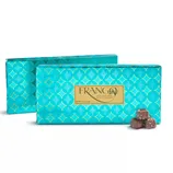 Frango Milk Chocolate Sea Salt Caramels in turquoise packaging with a geometric pattern, featuring a gold label; includes a portion showing caramel pieces topped with sea salt.