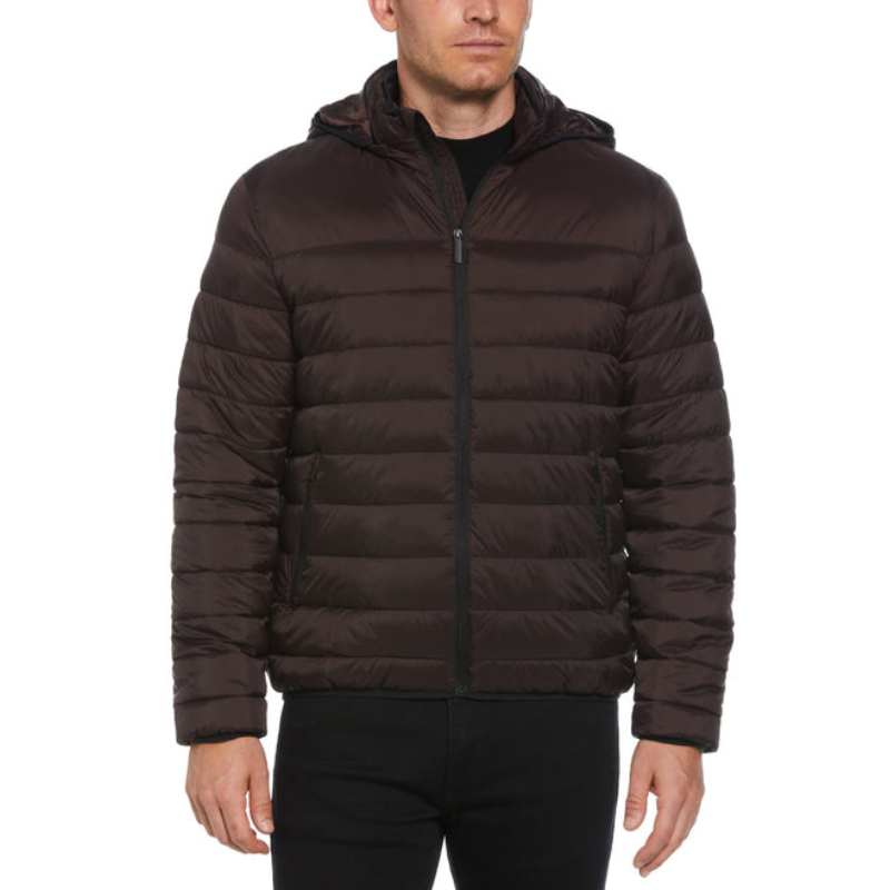 The Perry Ellis Hooded Jacket is a dark brown, quilted puffer jacket with a front zip closure and a hood for added warmth. It features horizontal stitching and pockets on the sides, designed for a sleek, casual look.