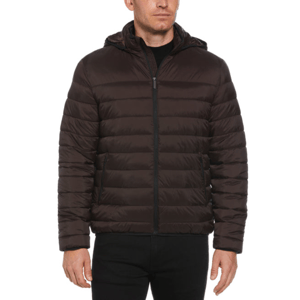 The Perry Ellis Hooded Jacket is a dark brown, quilted puffer jacket with a front zip closure and a hood for added warmth. It features horizontal stitching and pockets on the sides, designed for a sleek, casual look.