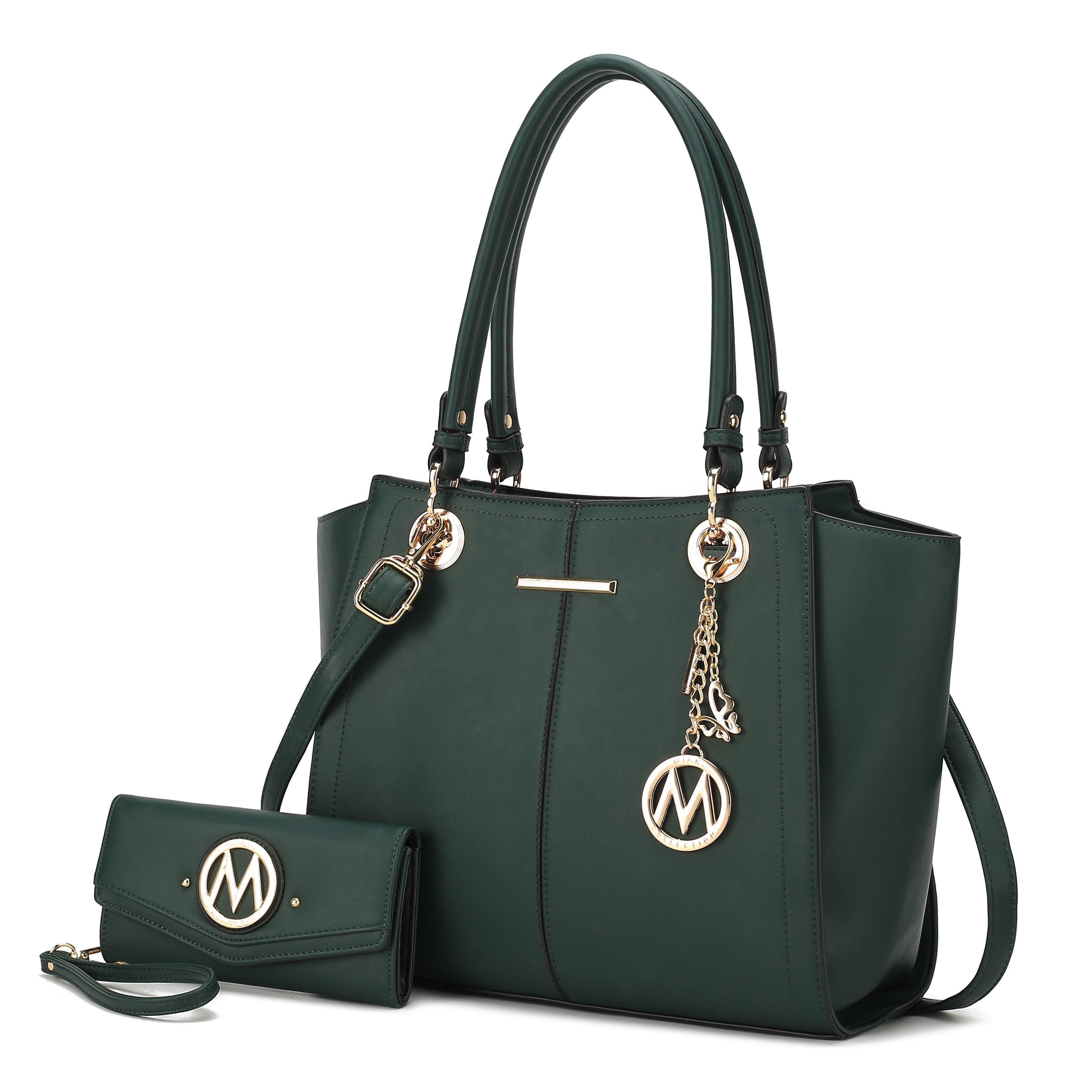 Green handbag with gold accents and a matching wallet, both featuring a circular logo charm with the letter \“M\“.