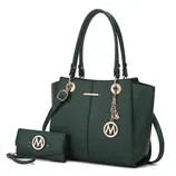Green handbag with gold accents and a matching wallet, both featuring a circular logo charm with the letter \“M\“.