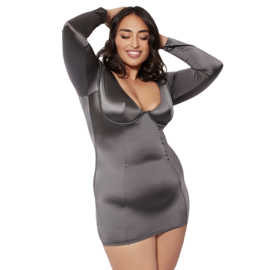 A woman is wearing a form-fitting, long-sleeved gray dress with a deep neckline and visible seam detailing.