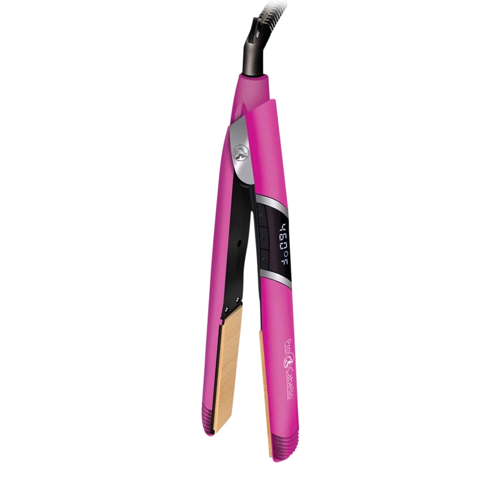 Pink hair straightener with digital display showing 460°F, ceramic plates, and a swivel cord, branded ProCabello Nano Fiber Flat Iron.