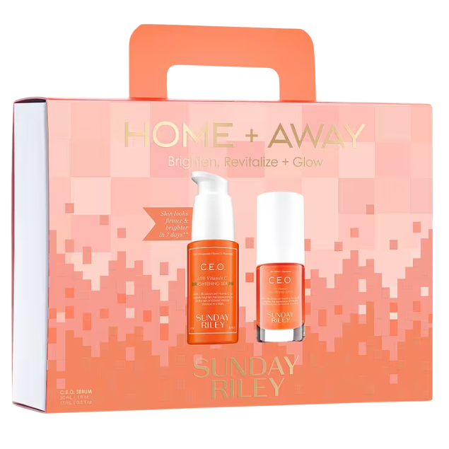 Sunday Riley Home + Away set includes C.E.O. 15% Vitamin C Brightening Serum in two sizes. Designed to brighten, revitalize, and give a glow to the skin.