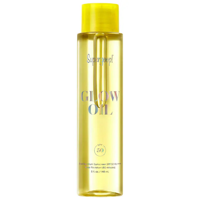 Supergoop! Glow Oil SPF 50 is a broad-spectrum sunscreen oil with water resistance for up to 80 minutes. It is packaged in a transparent bottle with a yellow cap and contains 5 fl. oz. (148 ml).