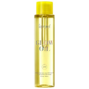 Supergoop! Glow Oil SPF 50 is a broad-spectrum sunscreen oil with water resistance for up to 80 minutes. It is packaged in a transparent bottle with a yellow cap and contains 5 fl. oz. (148 ml).