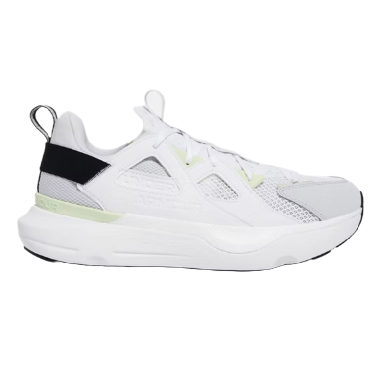 UA Infinite MVMNT Shoes are white athletic sneakers featuring a breathable mesh design, structured overlays, and a black heel strap for added support.