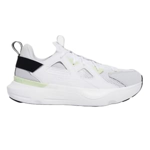 UA Infinite MVMNT Shoes are white athletic sneakers featuring a breathable mesh design, structured overlays, and a black heel strap for added support.