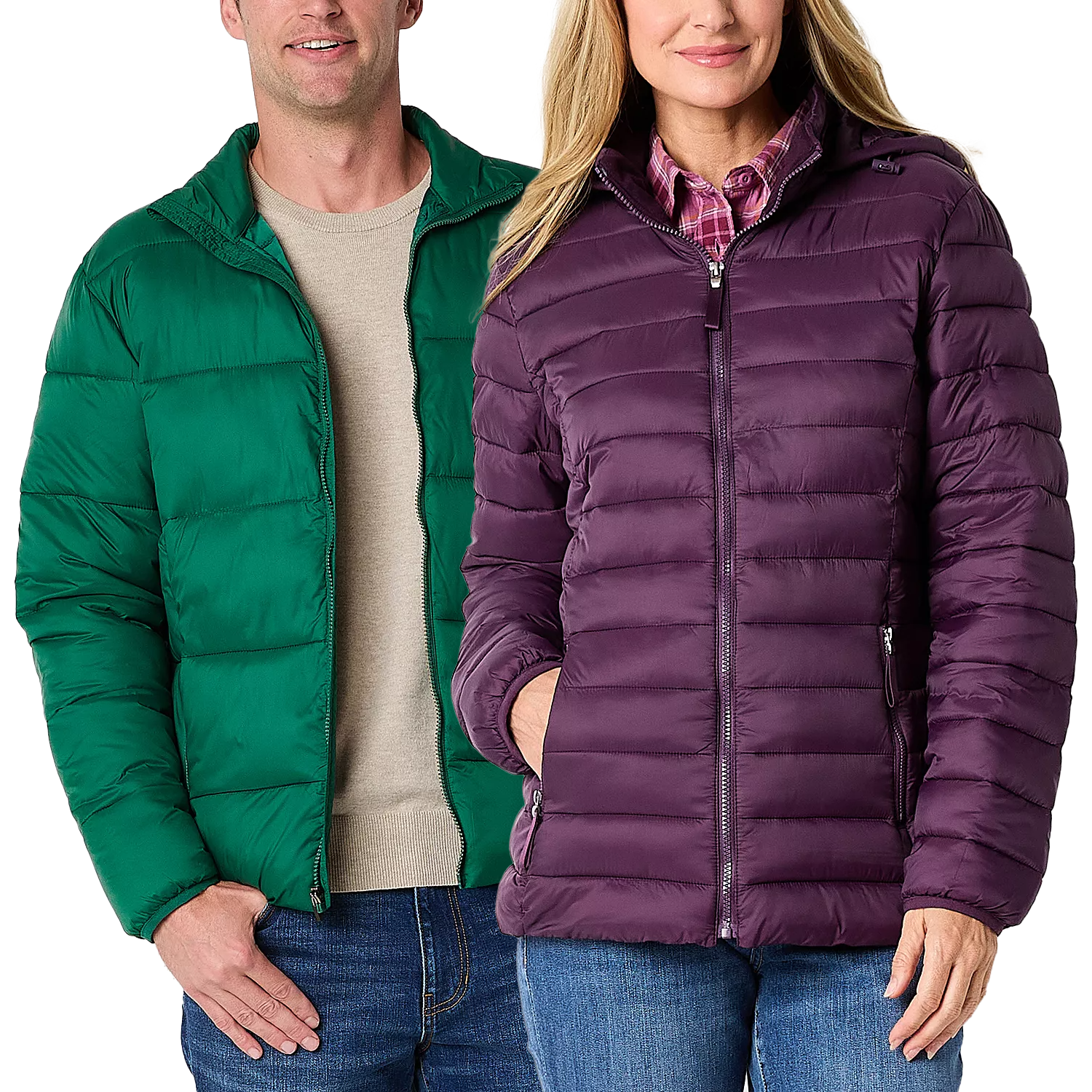 Two people wearing puffer jackets: one in green with a beige shirt, and the other in purple over a plaid shirt, both paired with jeans.