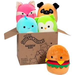 A cardboard box labeled \“Original Squishmallows Mystery Box\“ contains five plush toys: a pink cat, orange pug, blue dinosaur, green owl, and a burger outside the box. The box also shows cartoon outlines of similar Squishmallow characters.