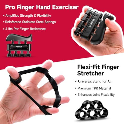 Pro Finger Hand Exerciser with reinforced stainless steel springs offers 4 lbs per finger resistance; the Flexi-Fit Finger Stretcher made from premium TPR material enhances joint flexibility and is universally sized.