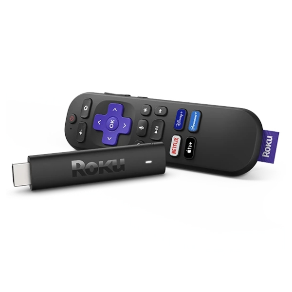 Refurb Roku Streaming Stick 4K with a compact black design includes a remote featuring shortcut buttons for Netflix, Disney+, Apple TV, and Hulu.
