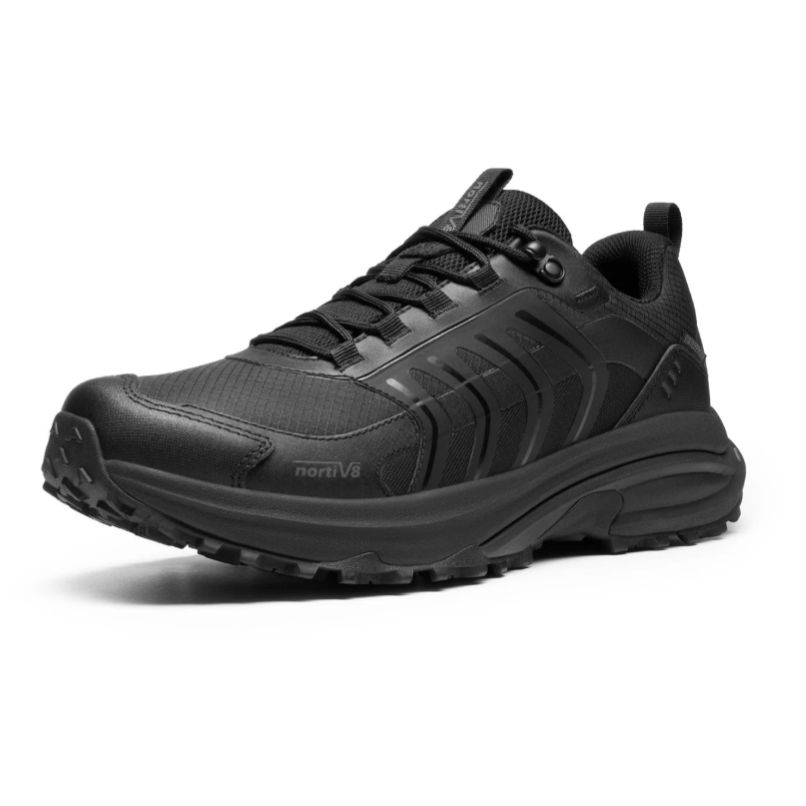 A black athletic shoe with rugged design and grip, featuring prominent laces and the branding \“nortiV8\“ on the side.