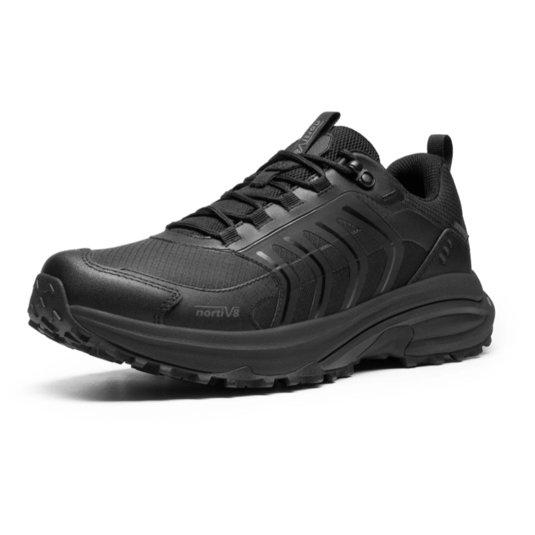 A black athletic shoe with rugged design and grip, featuring prominent laces and the branding \“nortiV8\“ on the side.