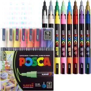 Set of 16 Uni Posca water-based markers with assorted colors, featuring a bullet-shaped tip measuring 0.9-1.3mm, suitable for various surfaces like wood, canvas, and stone.