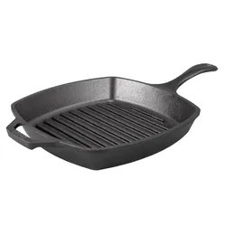 A square cast iron grill pan with ridges, featuring a long handle and helper handle, designed for grilling and searing foods.