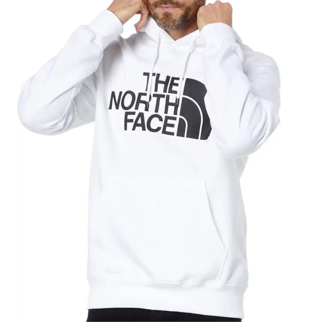 A white North Face Half Dome Hoodie featuring the brand's logo prominently on the chest in black, with a hood and front pocket for warmth and style.