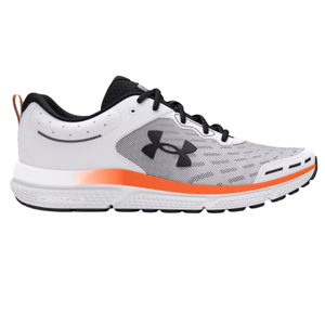 Under Armour running shoe with a white and gray mesh upper, black laces, and a black logo. The midsole features orange accents.