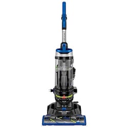 This is a Bissell CleanView Swivel Pet Vacuum with a blue and black design, featuring swivel steering and a multi-level filtration system.