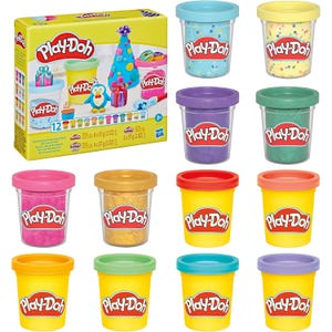 Play-Doh Celebration Pack includes 12 small tubs of Play-Doh in various colors and textures, featuring glitter and confetti. Suitable for ages 2 and up.