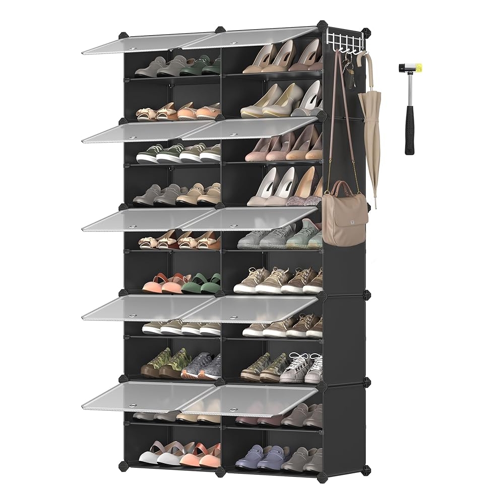 Modular shoe rack with multiple tiers and flip-out doors, featuring side hooks for hanging items like umbrellas and a bag, includes a small mallet for assembly.
