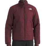 A maroon North Face jacket with a quilted design, featuring a front zipper and two zippered side pockets.